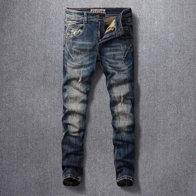 

Newly Designer Fashion Men Jeans High Quality Retro Black Blue Stretch Slim Fit Ripped Jeans Men Spliced Vintage Denim Pants