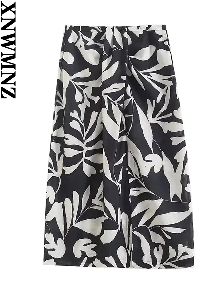 

XNWMNZ Women's Fashion 2023 Printed Midi Skirt Women Vacation Style High Waist Zipper Side Pocket Front Split Female Skirt