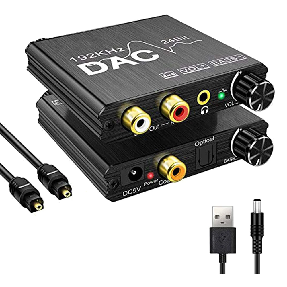 192KHz Digital to Analog Audio Converter with Bass and Volume Adjustment,Digital SPDIF/Optical/Coaxial to Analog Stereo