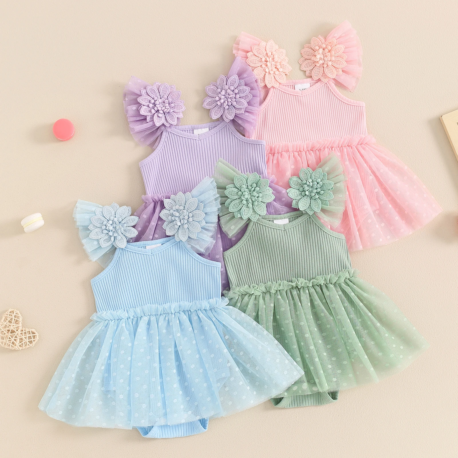 

Baby Girl Summer Romper Dress Casual Mesh Patchwork Ruffles Ribbed Jumpsuit for Newborn Toddler Cute Bodysuits Clothes