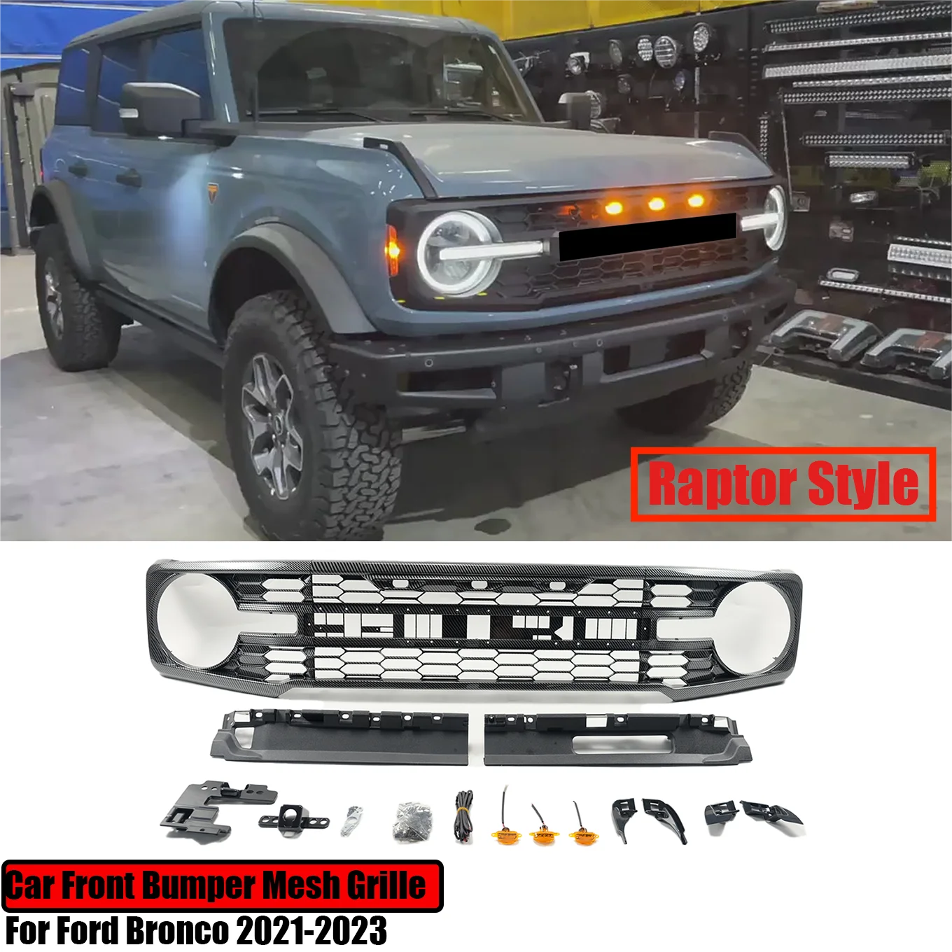 

For Ford Bronco 2021-2023 Car Front Upper Bumper Mesh Grille Grill Raptor Style With Raptor Lights Amber LED Glossy/Matte Black