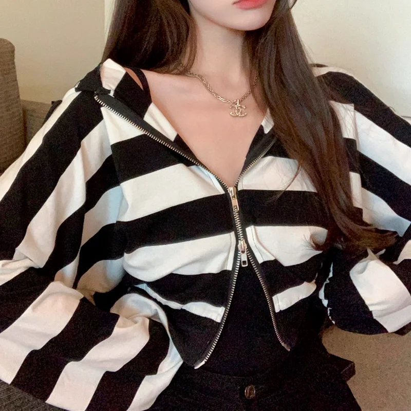 Sweater Autumn Loose Casual Striped Thin Zipper Hooded Jacket Fashion Women's Korean Cardigan Jacket Coats and Jackets Women