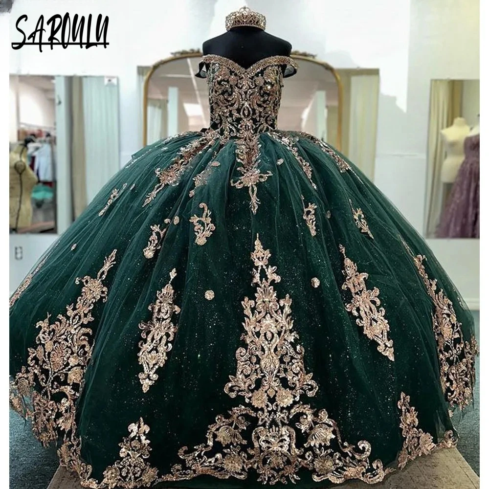 Smaragdgrüne Applikationen Prinzessin Quince anera Kleid glänzende Braut Robe Korsett boden lange Brautkleider Vestidos de Novia