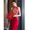 Autumn Traditional Chinese Clothing Qipao Red Sleeveless Stand Collar Embroidery Cheongsam Wedding Dress Elegant Evening Dress