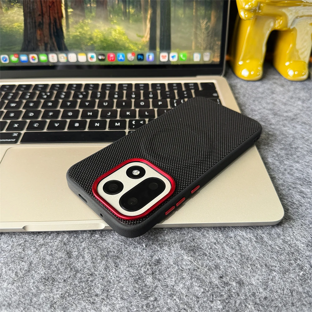 Luxury Business Nylon Woven Texture PU Leather Magnetic Wireless Charging Shockproof Case