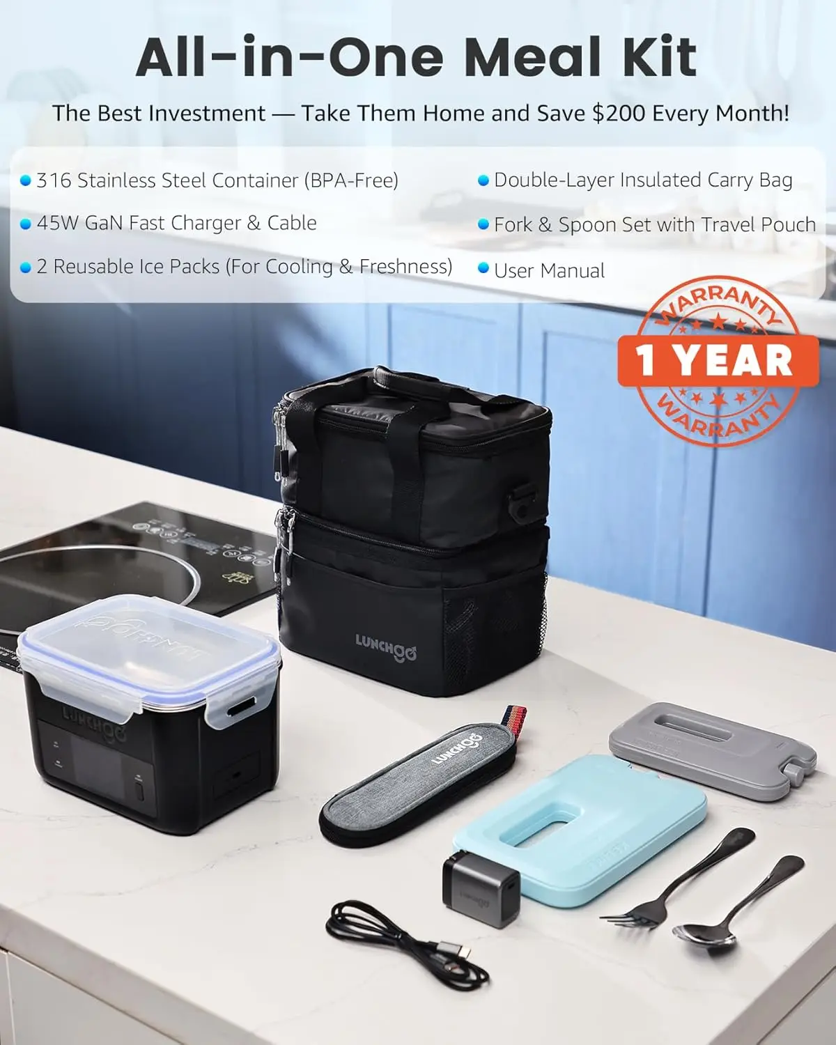 G1-standard(74 Wh), Smart Electric Heated Lunch Box – Cordless, 5 Cups 6 description