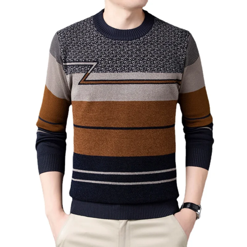 

Autumn Men's Casual Sweater Striped Round Neck Knitted Sweater Warm and Fashionable Men's Clothing