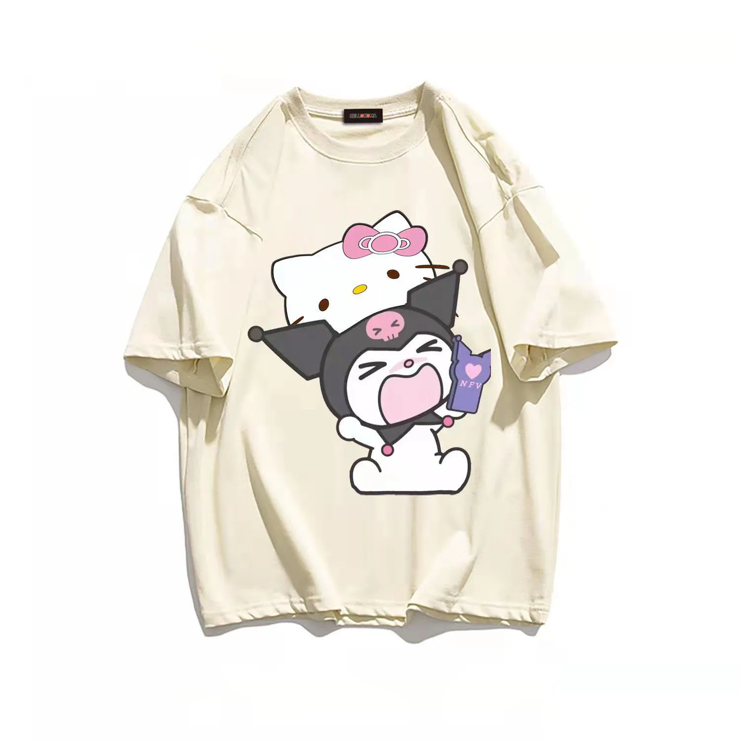 thumbnail image 1 of Camiseta de manga corta de algodón de estilo universitario sencillo para niñas de Hello Kitty, Top holgado con cuello redondo que combina con todo para niños, 1 of 5