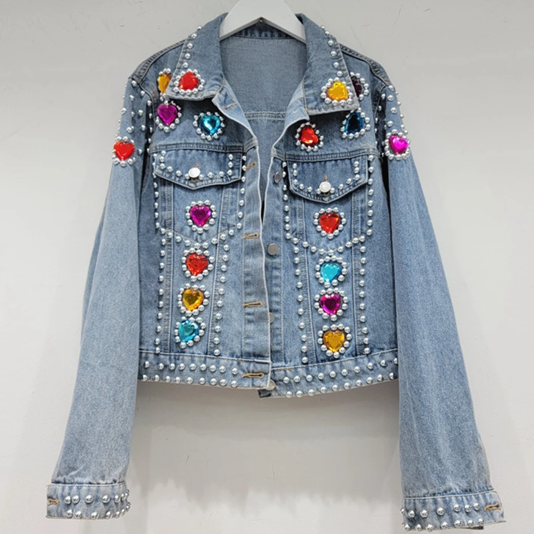 

2023 Autumn New Arrival High Quality Love Beaded Sequined Jean Coat Women Loose Slimming Short Denim Jacket Outerwear Female