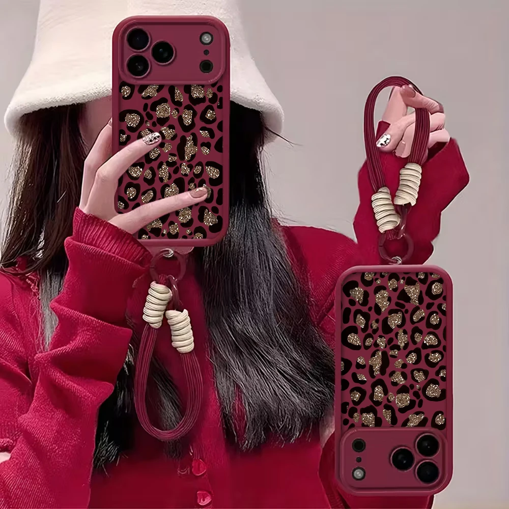Leopard Print Wrist Strap Phone Case with Lanyard - Soft Cover