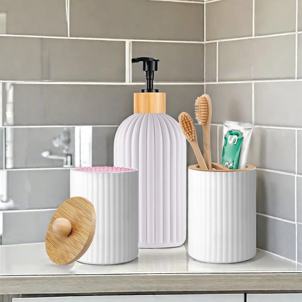 Elegant Bathroom Toiletry Set with Soap Dispenser, Toothbrush Holder & Cotton Ball Jar Decor