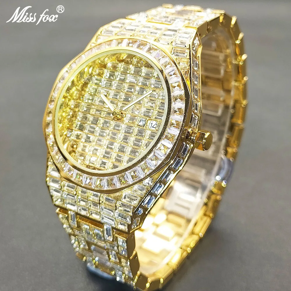 

MISSFOX Men Watches Fashion Brand 18k Gold Stainless Steel Waterproof Quartz Clocks Top Diamond Auto Date Men's Wrist Watch New