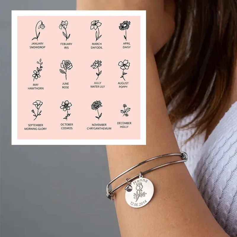 

Stainless Steel Birth Month Flower Birthstone Bracelet Snowdrop Daisy Rose Bangle 2023 Trendy Bracelet Jewelry Birthday Gift