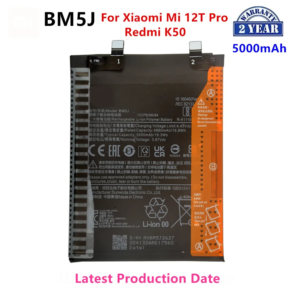 

100% Orginal BM5J 5000mAh Battery For Xiaomi Mi 12T Pro /Redmi K50 Phone Replacement Batteries