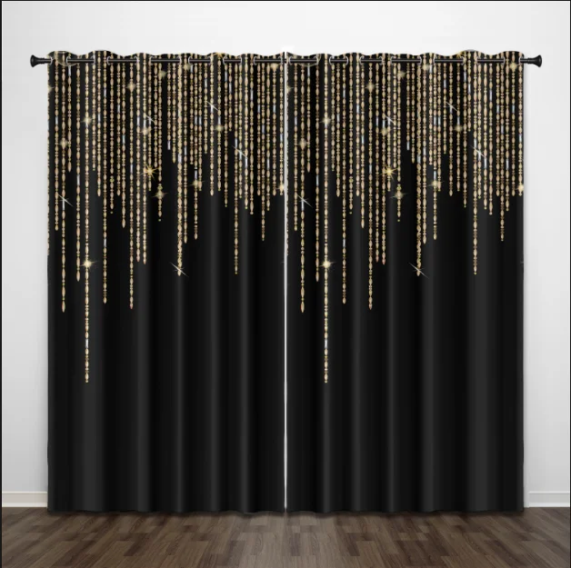 

Luxurious Black Gold Glittering Blackout Curtains 3D Print Window Curtains for Bedroom Living Room Decor Window Treatments
