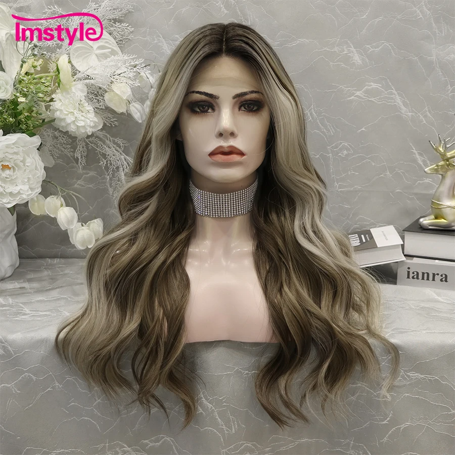 

Imstyle Brown Highlight Blonde Wig Synthetic Lace Front Wig T Part Lace Wigs Heat Resistant Fiber Daily Wigs For Women 24 Inch