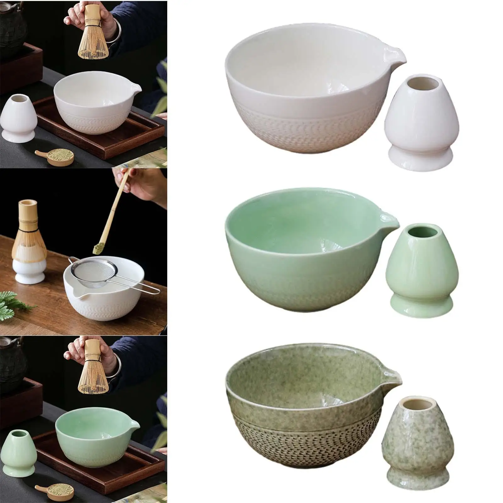 2Pcs Traditional Matcha Bowl with Whisk Holder Handmade Matcha Ceremony for Traditional Ceremonial Home Table Office Bedroom