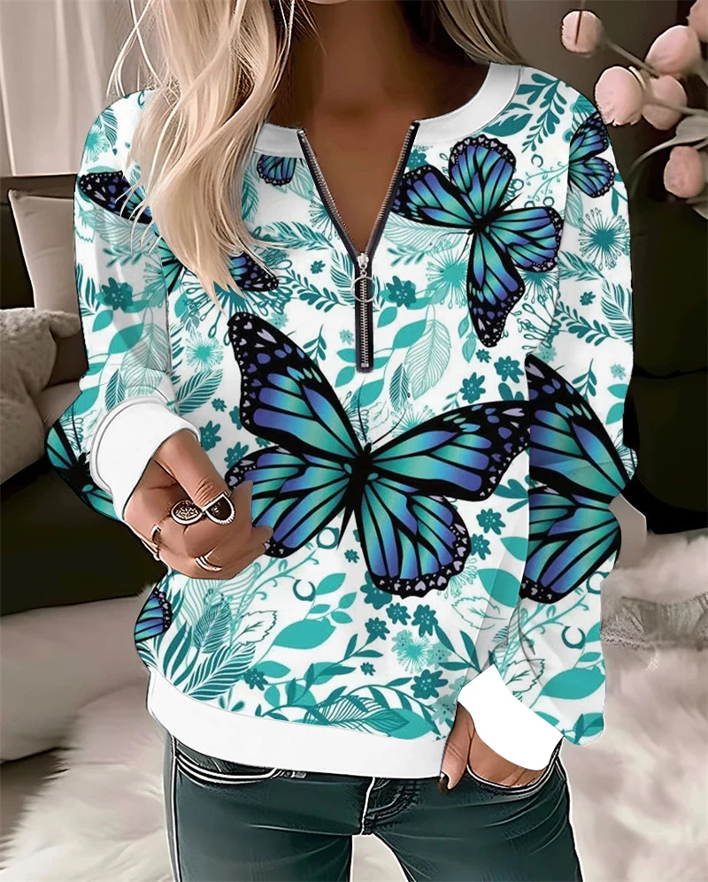 

3D butterfly pattern printed women's thin round neck zippered women's hoodie original design women's casual versatile pullover