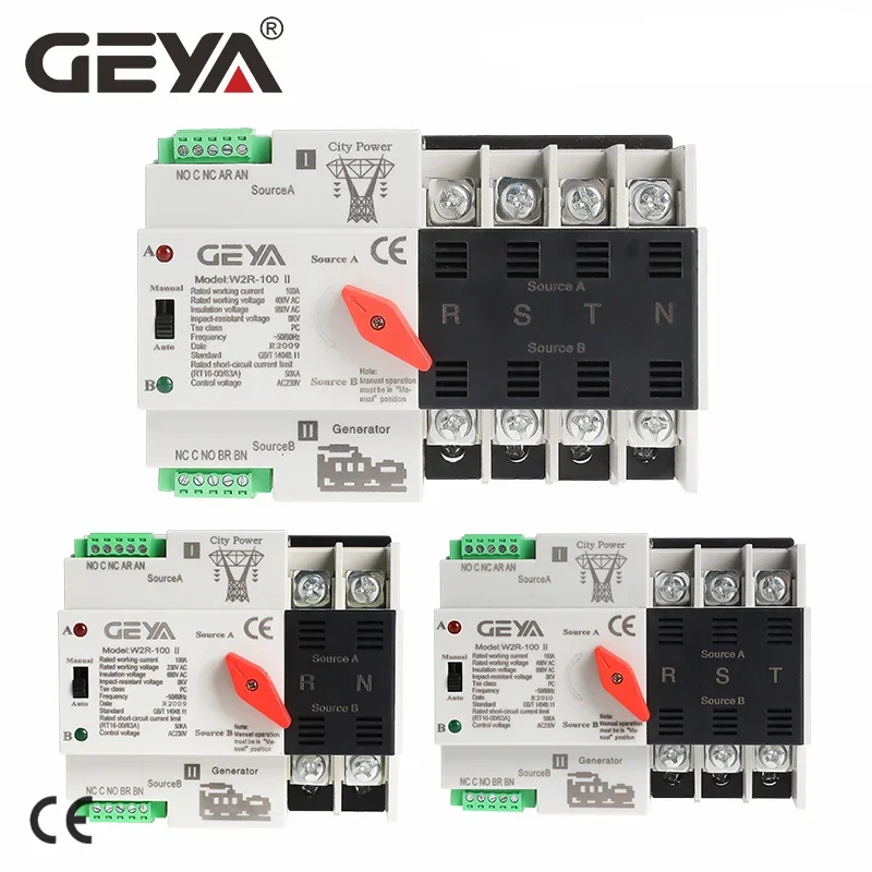 GEYA Din Rail ATS 110V 220V 63A 100A Dual Power Automatic Transfer Switch 50/60Hz PC Grade Auto or Manual Selection