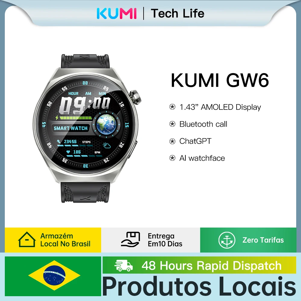 KUMI GW6 1.43" AMOLED screen Bluetooth call Waterproof IP68 NFC 100+ Sport Heart Rate Blood Pressure Oxygen Monitor smart watch 1