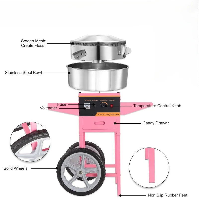 Electric Cotton Candy Machine Cart, 1000W Commercial Floss Maker W/Stainless Steel Bowl, Sugar Scoop and Drawer Perfect for Home