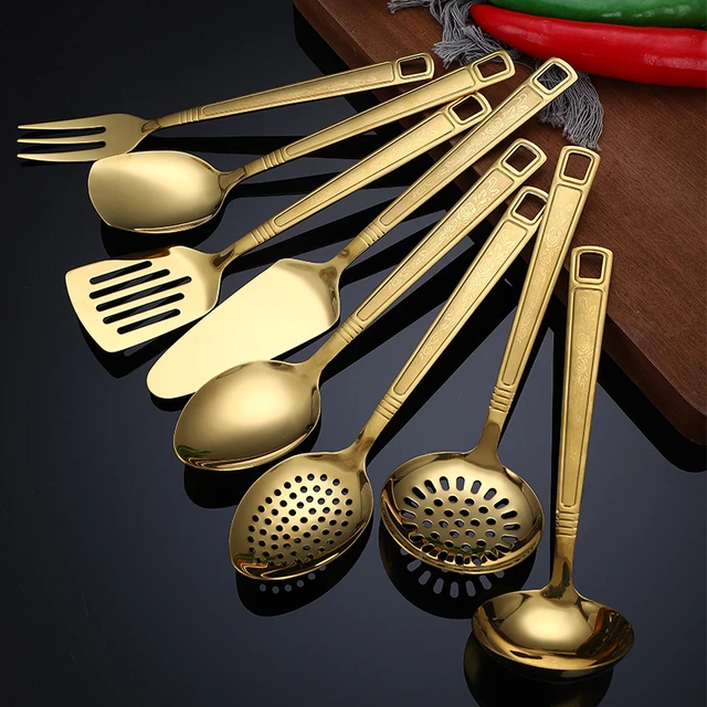 Stainless Steel Kitchen Utensils Chopsticks Tube Soup Ladle Colander Set  Gold Cooking Tool Set Egg Stirrer Kitchenware Set - AliExpress