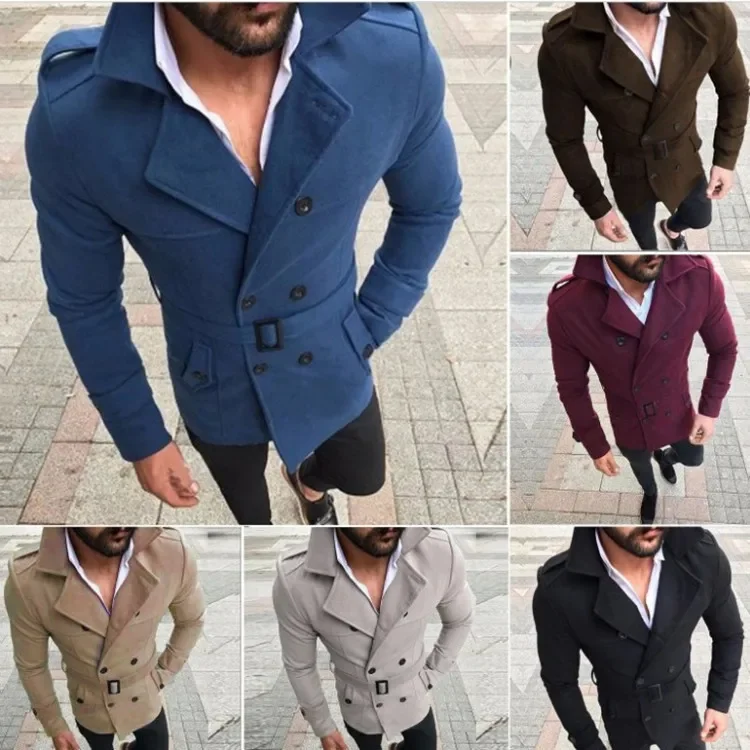Men's Woolen Jacket Casual Style Overcoat Lapel Double Row Buttoning With Belt Fashionable Outerwear For Winter