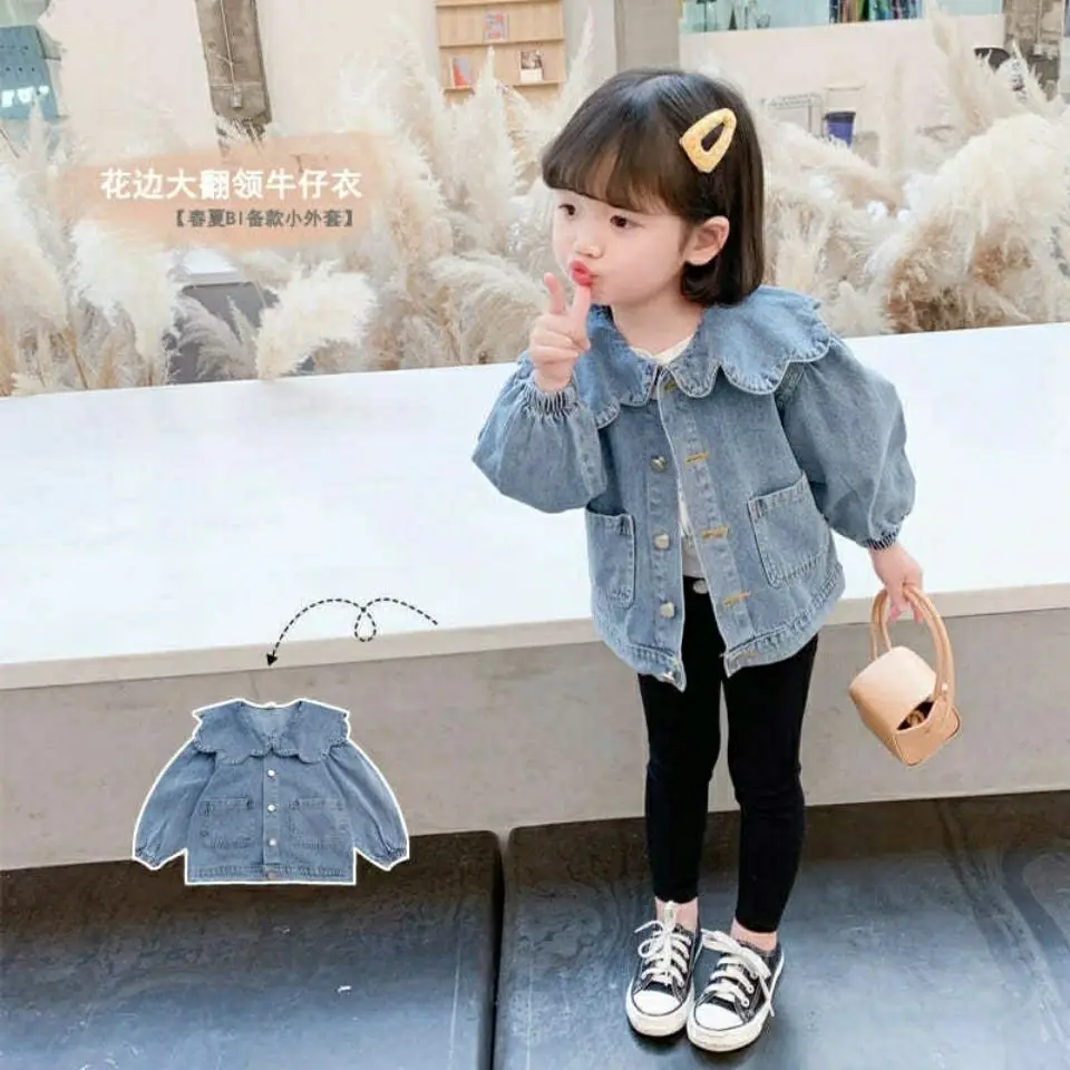 여아용 가을 외투 재킷, 유아 코트, 어린이 의류, 포켓 싱글 브레스트, 피터 팬 칼라, 데님 재킷, 패션