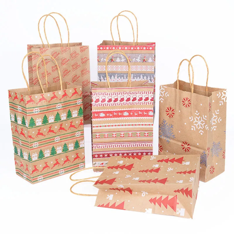 5 Stück Kraft-Geschenktüten mit Griff, Elch, Schneeflocke, Weihnachtsbaum, frohe Weihnachten, Gastgeschenke, Verpackungsbeutel, Navidad, Neujahr 2025 – Detail 2