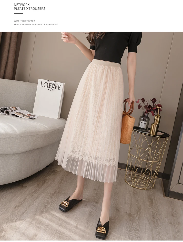 a line skirt Women Midi Lace Skirts Spring Summer Elastic High Waist Mesh Tulle Skirt Casual Pleated Skirts Apricot Black Office Lady N136 a line skirt