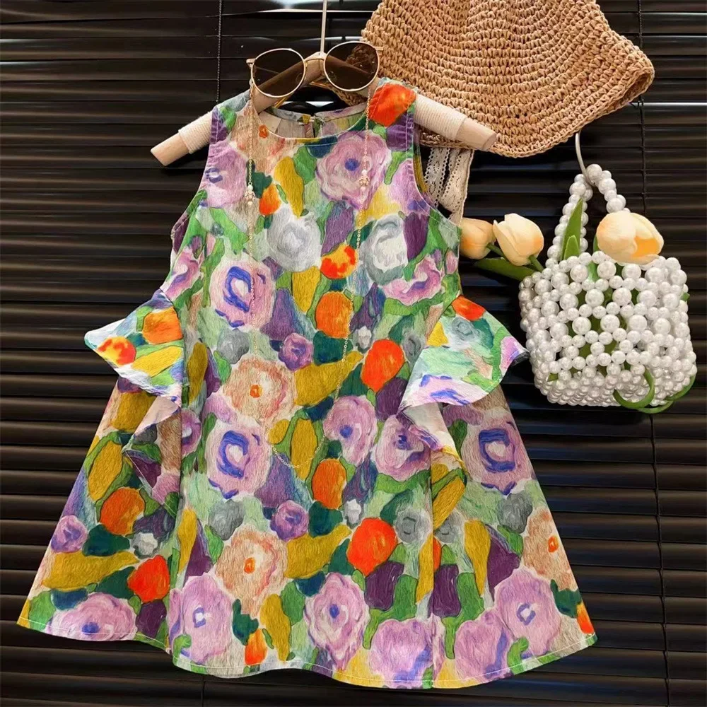 

New Baby Girls Sleeveless Flower Print Dresses Clothes Bowknot Kid Summer Princess Dress Children Party Ball Pageant Outfit