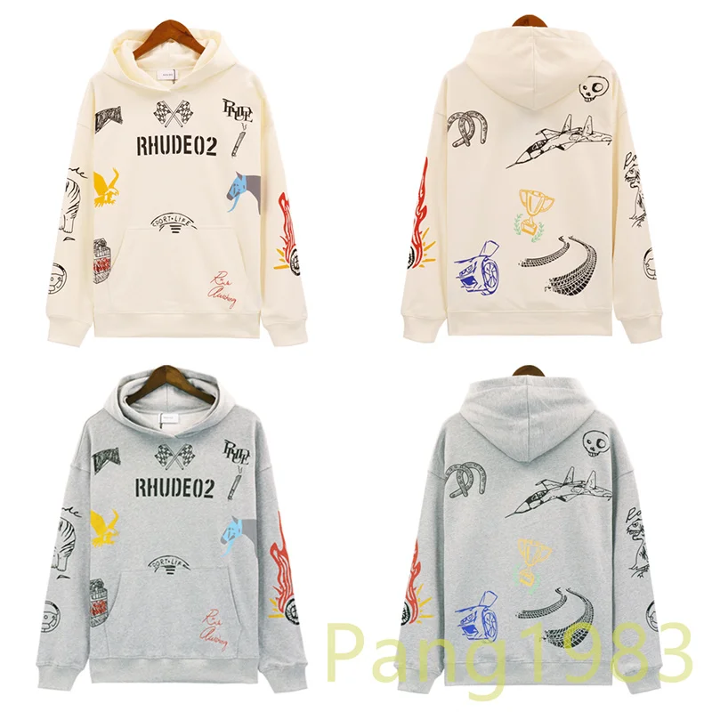 

Terry Fabric RHUDE Hoodie Men women High Quality Pattern Printed Sportswear Grey Apricot Top
