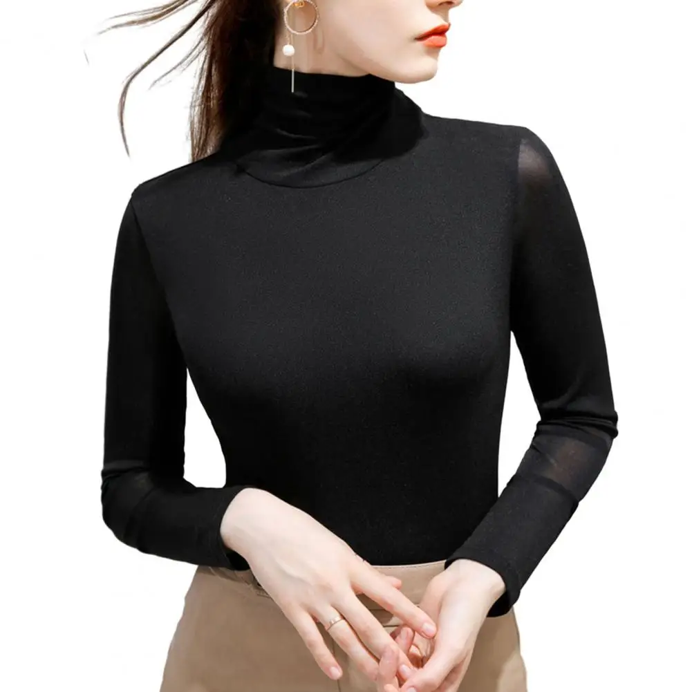 

Stylish High-Collar Padded Mesh Bottom Shirt Slim Fit Solid Color Long Sleeve T-Shirt Stretchy Tight Tops