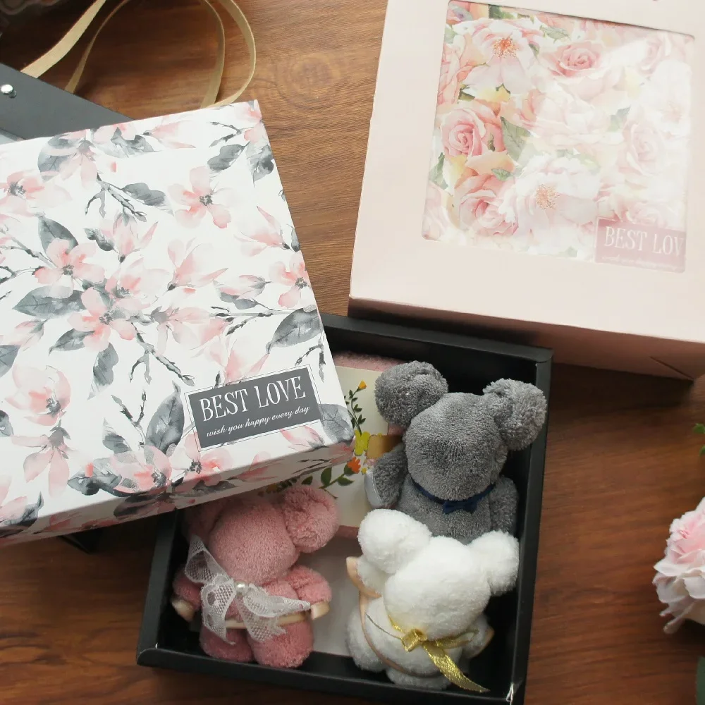 

20.5*20.5*8cm 3set Elegant Pink Black Flower Painting Paper Box + Bag DIY Handmade Bake Baby Shower Wedding Birthday Gift Pack