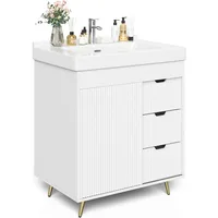 Bathroom Vanity with Sink, 31'' White Bathroom Sink Cabinet with Glide Door and 3 Drawers, Ceramic Sink Vanity Modern 1