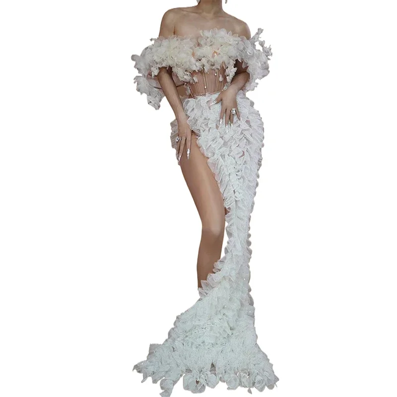 Singer Drag Queen Club Party Birthday Special Occasion Sexy Evening Dress Rave White Wedding Irregular Mesh Tube Top For sexy evening dress