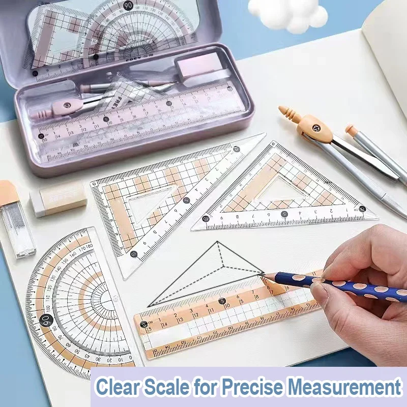 8-Piece Set of Measuring Rules for Students Including Compass Measuring Angle Ruler Triangular Ruler and Drawing Compl