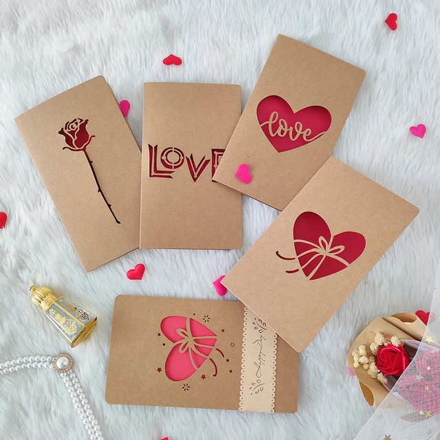Vintage Kraft Paper Valentine's Day Greeting Card with Envelope Cutout Love Heart Rose Mother's Day Thank you Card Blessing Gift 1