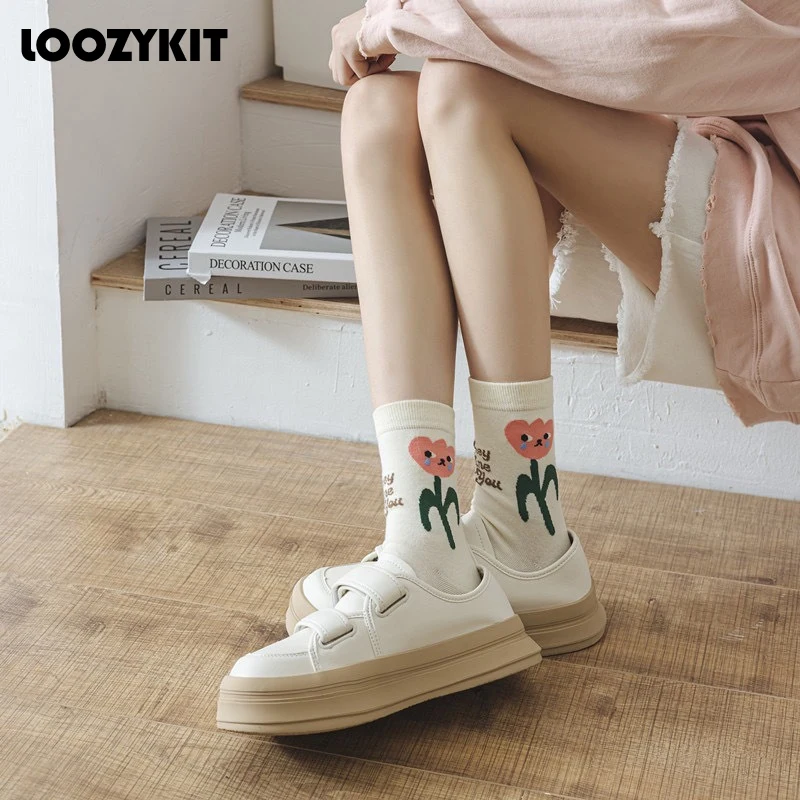 

Cute Women Cotton Socks Spring Autumn Middle Tube Socks Harajuku Funny Sokken Sox Cartoon Print Parent-child Stockings