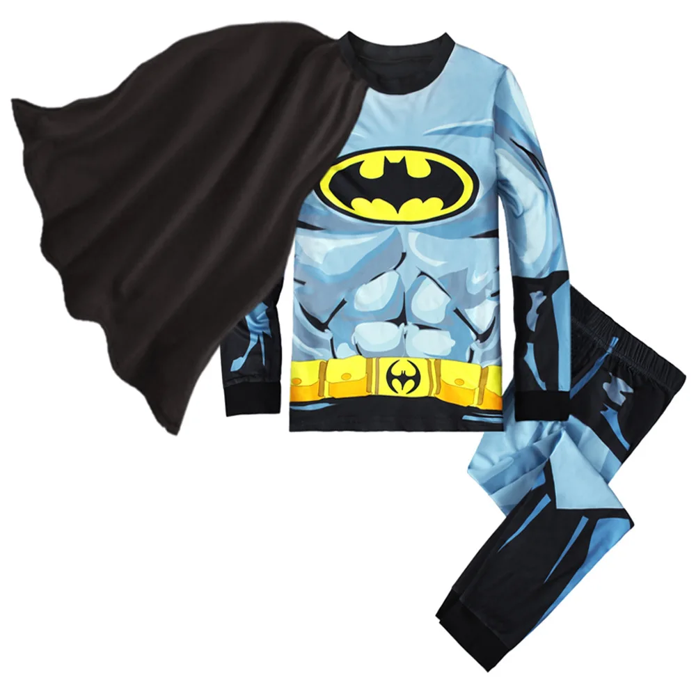 Kids Pajamas Set Children Super Hero Captain America Batman Cosplay Pajamas Cartoon Spider-Man Long Sleeve Top+Pant+Cape Suit 2-8T Baby Sleepwear
