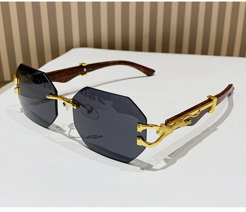 Schutzbrille 2 stücke Randlose Polygon Weibliche Holz Bein Sonnenbrille Frauen Gradienten Objektiv Sonnenbrille Leopard Dekoration Brillen – Detail 9