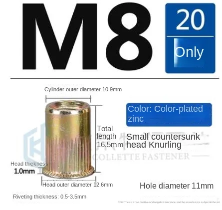 

20pcs Flat Head Metric Steel M8 Blind Insert Rivet Nut Rivnut