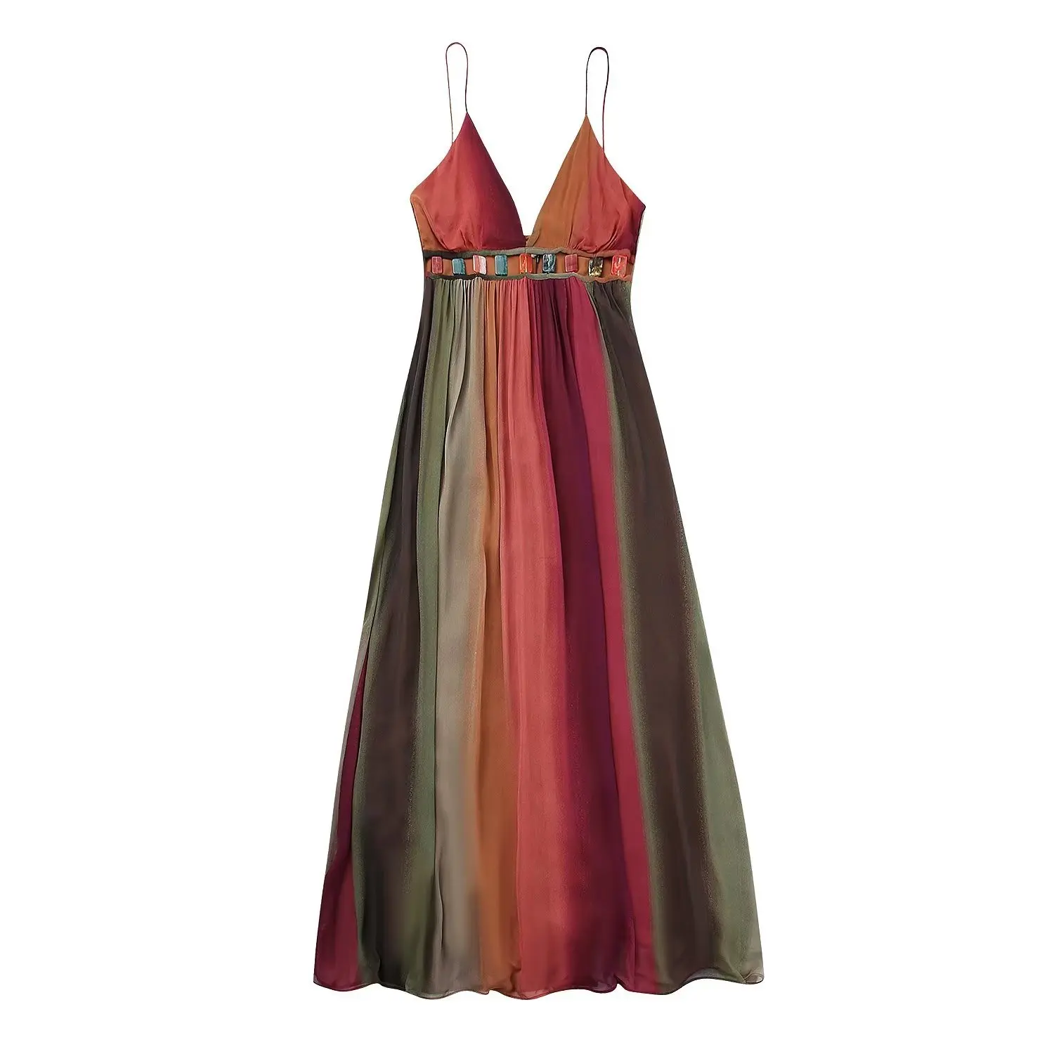 

TRAF Women Sexy V Neck Colorful Striped Print Waist Stone Design Sling Dress Female Chic Backless Party Midi Vestidos