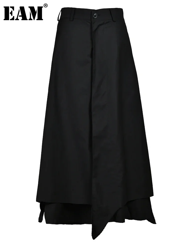 

[EAM] High Elastic Waist Black Irregular Double Layers Pants New Loose Fit Trousers Women Fashion Spring Autumn 2024 CPG0063