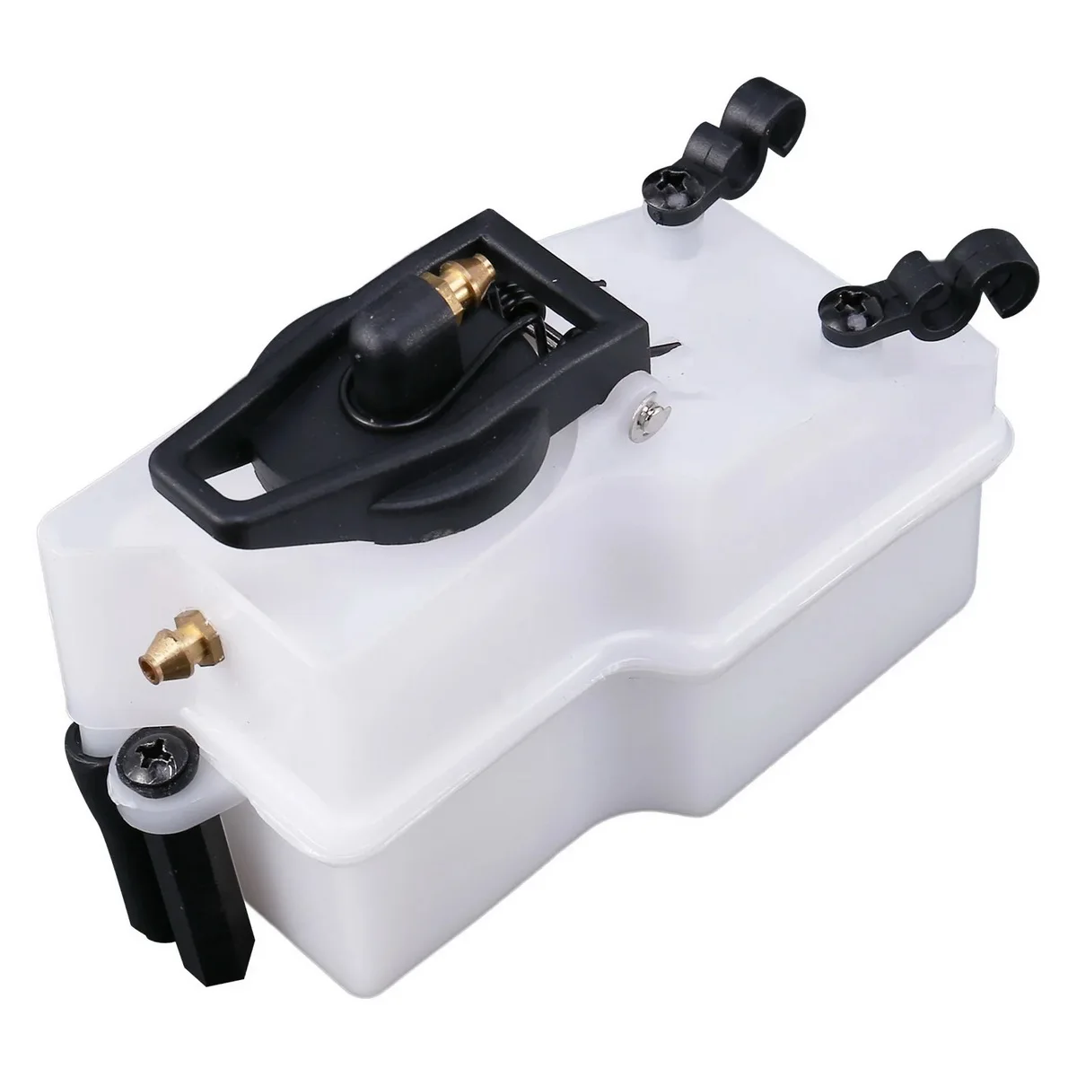 Réservoir de carburant HSP 1/8 Nitro posé sur fond blanc, avec détails des fixations et du bouchon.