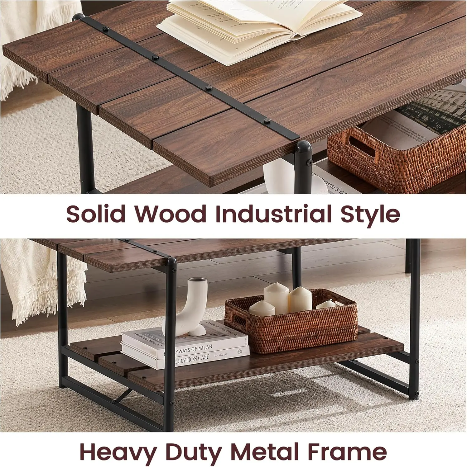 2-Tier Farmhouse 41'' Large Gray Wood Coffee Table with Storage Shelf -Modern Rustic Metal Rectangle Center Living Room