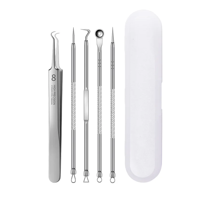 

[5 Pieces]Acne Pimple Removal Tweezers Tools Acne Needle Squeezing Acne Right Angle Beveled Removal Tweezers Beauty Tools Set