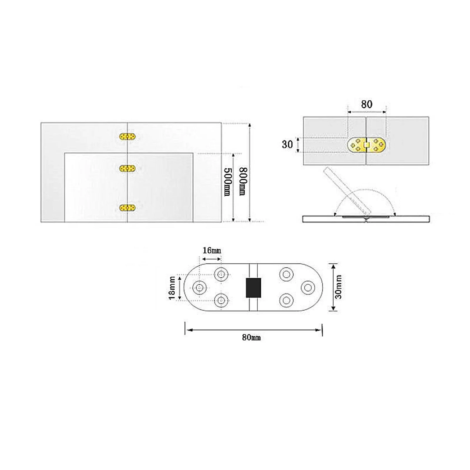 Description Picture 6 of item2pcs 180 Degree Copper Flap Hinges w/screws Flip Round Table Concealed Clamshell Hinge Folding Furniture Hardware 70/80mm×30mm