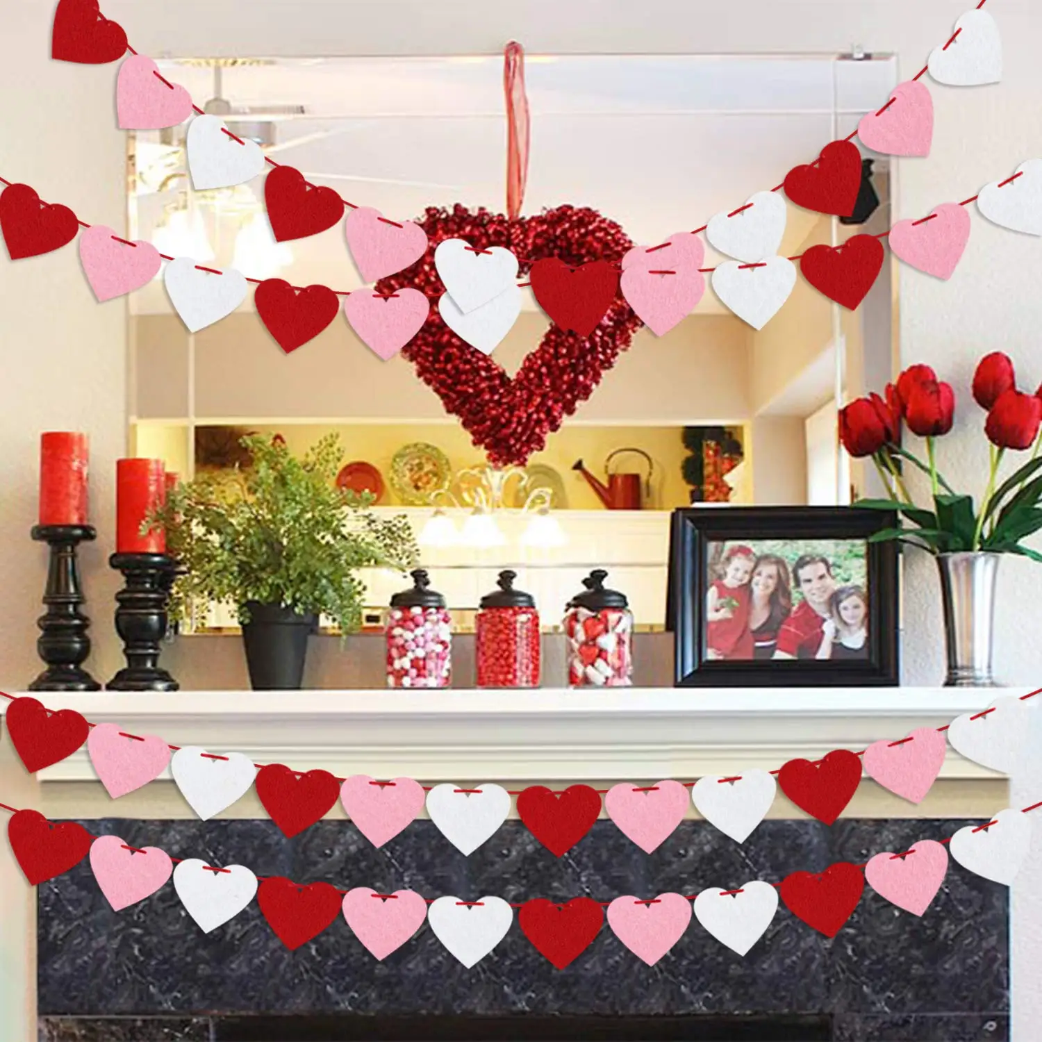 Party Decorations Wool Felt Ball Garland Valentines Felt Heart Garland Banner Pre-Strung Valentines Decorations Love Heart Banner Anniversary Wedding