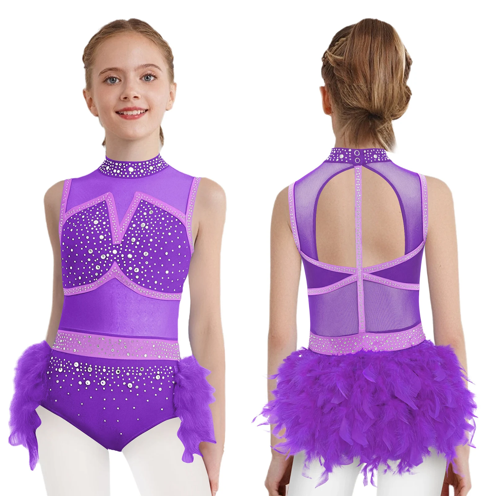Kinder Mädchen Eiskunstlauf Latin Jazz Dance Samba Rumba Cha-cha Trikot Glänzende Strass Sheer Mesh Feder Rock Body – Detail 8